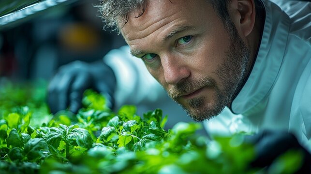 Focused chef inspecting vibrant green leafy plants under grow lights