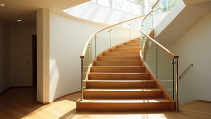 staircase in a modern house,  Modern wooden staircase with sleek glass railing bath, 