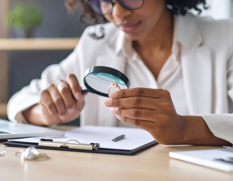 Professional Gemologist Meticulously Inspecting a Gold Diamond Ring with a Loupe. - Powered by Adobe