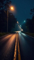 Empty asphalt roadway at night, illuminated by streetlights casting long shadows Dark, mysterious atmosphere Ideal for urban, travel, or nighttime themes , texture, low light