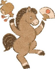 踊る馬と扇子の手描きイラスト。2026年午年のかわいい年賀状素材
