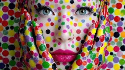Woman's face and hands covered in vibrant, colorful polka dots, close-up on striking blue eyes