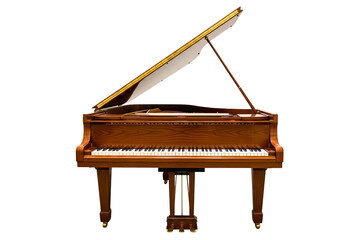 Classic wooden grand piano with an open lid front view isolated on a transparent background