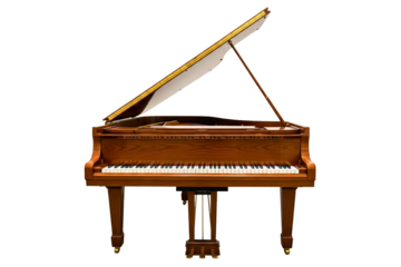 Classic wooden grand piano with an open lid front view isolated on a transparent background