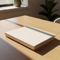 Fototapeta premium Blank book mockup on a wooden surface with sunlight and plant decor