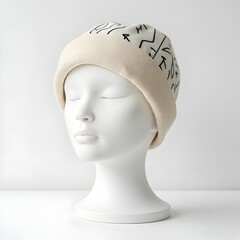 Stylish beanie hat with abstract black and white design displayed on a mannequin head