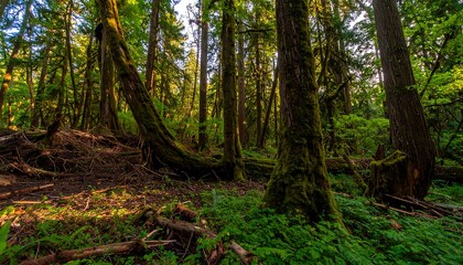 Lush forest floor bathed in sunlight