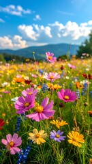Fototapeta premium A vibrant meadow bursts with colorful cosmos flowers against a backdrop of rolling hills and a clear summer sky.