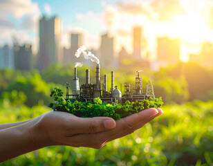 Industrial plant model with smoke held in hand surrounded by green trees symbolizing environmental impact