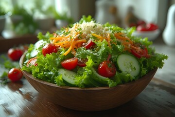 a bowl of fresh salad served in a wooden bowl