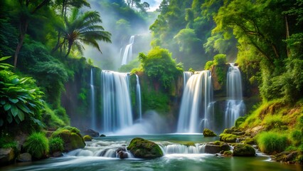 Obraz premium Majestic waterfalls cascading through lush tropical forest landscape scenic beauty