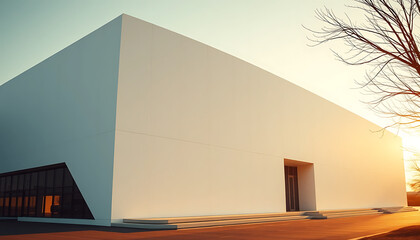 Modern White Building at Sunset, Minimalist Architecture