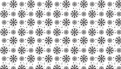 Black and White Pattern of Starbursts and Dots on White Background abstract repeating