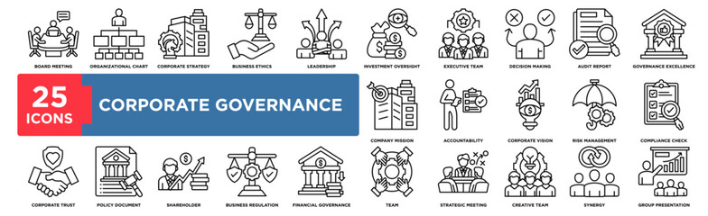 25 line icons about corporate governance including leadership, compliance, audit, business ethics, risk management, and decision making  perfect for reports, presentations, and corporate projects.”