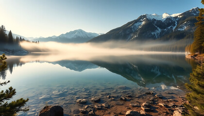 Serene Mountain Lake at Dawn, Misty Reflection