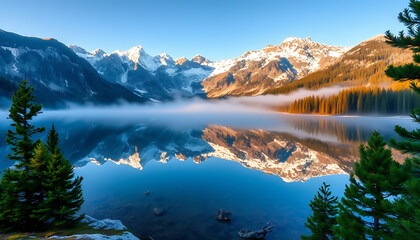 Serene Mountain Lake Reflecting Snowy Peaks at Sunrise