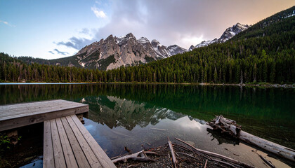 Scenic View of a Mountain Lake with a Wooden Dock and Forest Reflection