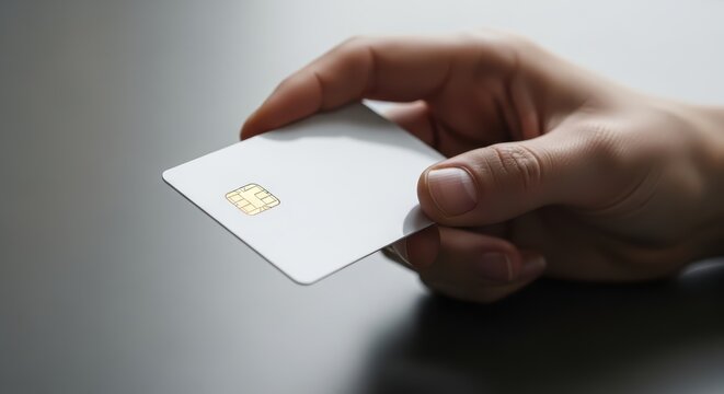 Hand holding minimalist emv chip credit card on dark surface