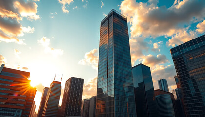 Modern Skyscrapers Silhouette Against Dramatic Sunset Sky