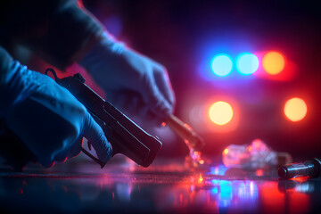 Forensic science, murder weapon and criminal investiation concept theme with dtective wearing latex glovs bagging gun to send to lb in a dark crime scene iluminated by red and blue cp car lights