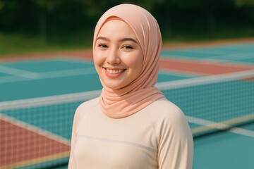 Young Malay woman in sports hijab smiling on a pickleball court