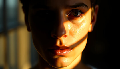 Close-up of a woman's face, sunlit and shadowed.