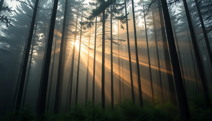 Sunbeams Piercing a Misty Forest