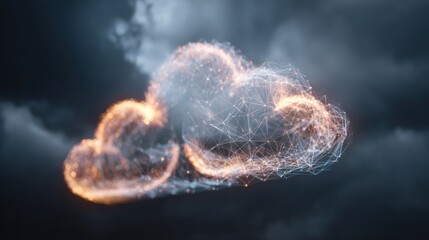 Glowing cloud formation in a digital style, against a textured, stormy grey background