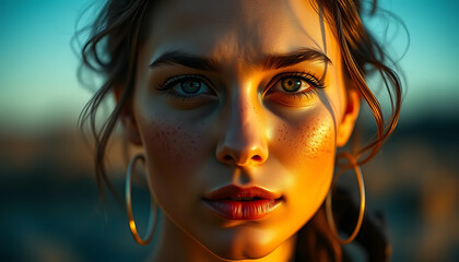 Close-up portrait of a young woman with freckles, golden light, and large hoop earrings.