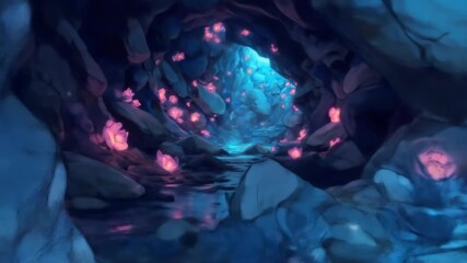 An abstracted, illuminated cave interior, painted in blue tones with rocky formations and glowing, pink floral highlights - Powered by Adobe