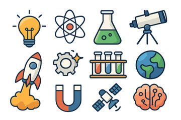 Collection of Science and Technology Icons Illustrating Discovery and Innovation