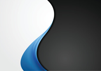 Grey and black abstract background with blue glossy wave vector design 