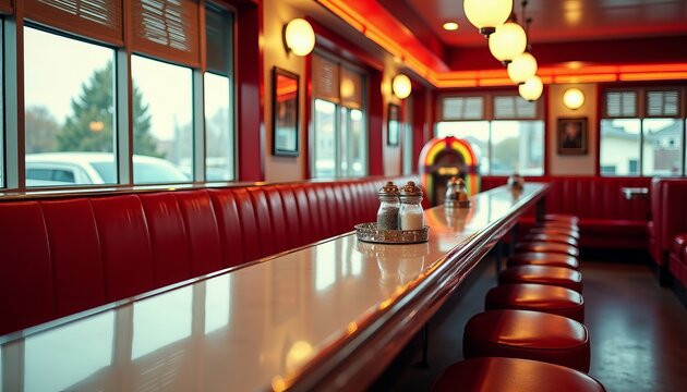Classic American Diner Bar Interior Nostalgic Red Vinyl Booths and Gleaming Chrome Accents