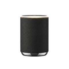 Modern Smart Speaker Design with Fabric Texture and Glowing Light on Black Background