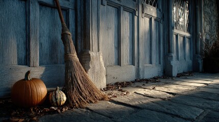 Rustic Autumn Decor with Broom and Pumpkins