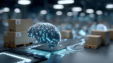 3D Rendering of digital ciruit brain and logistic relted icon with glowing led ights on blue color theme arehouse background. Concet of using ai for smart inentory management system