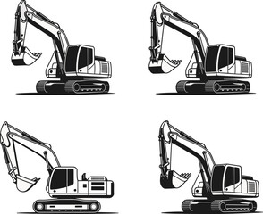 excavator, construction, equipment, heavy, machinery, digger, industrial, vehicle, front, side, view, earthmoving, hydraulic, arm, bucket, engineering, site, work, transport, design