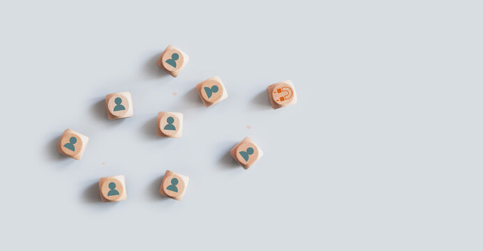 Increasing customer loyalty, Developing brand awareness, Understanding customer need, Providing value, Create relationship with customer engagement, Wooden cube with heart and customer awareness icon