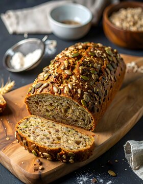 A loaf of artisan bread, studded with seeds and nuts, sits sliced on a wooden board.