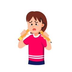A little girl cries while holding up her broken pencil