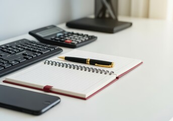 Bright organized desk with notebook, pen, and tech