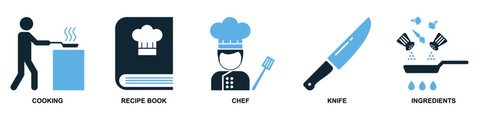 Set of cooking icon vector. Perfect for menus, food blogs, and kitchen themes. A versatile collection of simple, recognizable symbols representing various cooking activities and tools.
