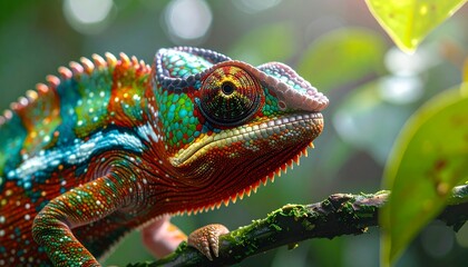 Obraz premium Close up colorful chameleon. Tropical wildlife animal. Color changing.