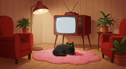 Cozy retro living room with black cat and vintage television set