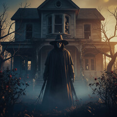 Naklejka premium Spooky Haunted House with Ghostly Unknown Figure: Eerie Nighttime Atmosphere in Creepy Garden of Roses