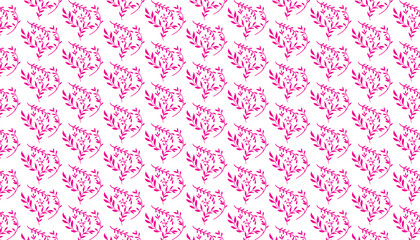 Seamless pattern of bright pink stylized branches with small leaves on a white background