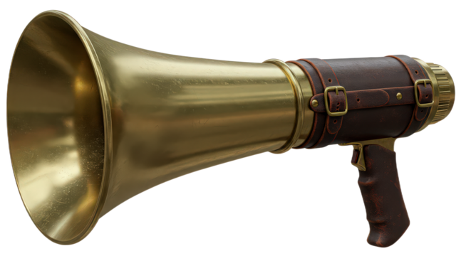 Steampunk style megaphone isolated on transparent background, a vintage and unique communication device