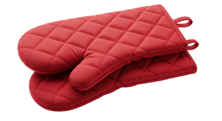 Pair of red oven mitts isolated on transparent background, kitchen safety gloves for cooking and baking use