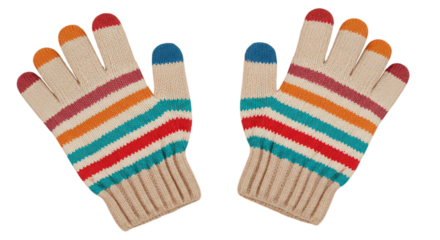 Pair of striped knitted gloves isolated on transparent background to keep hands warm in winter season