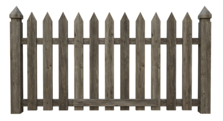 Rustic weathered wooden picket fence adds charming boundary for garden and home exteriors